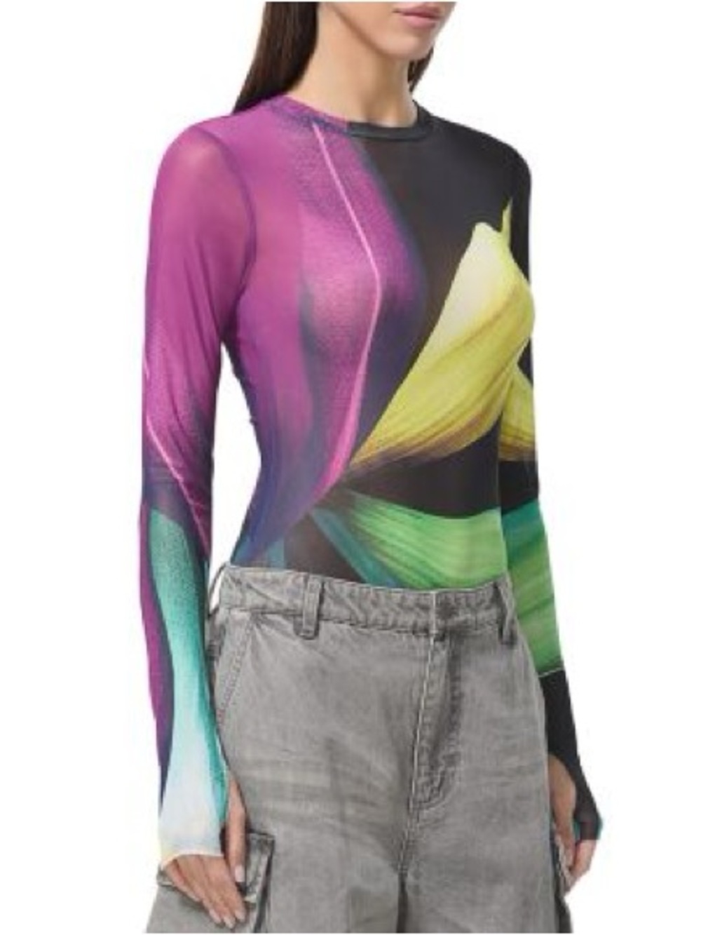 AFRM Women's Long Sleeve Art-Print Mesh Top in Purple and Green